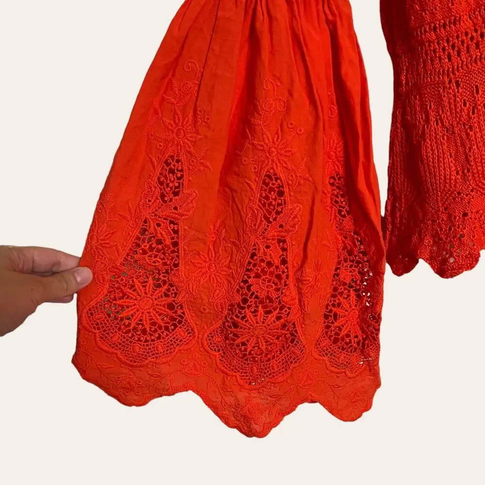 Free People Red Once Upon A Time Linen Crochet Bell Sleeve Top Size M